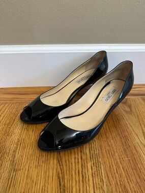 Jimmy Choo Black Patent Leather Peep-Toe Heels